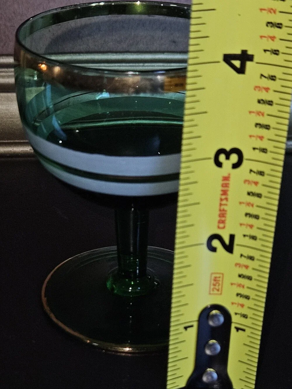 Vintage Emerald Green Coupe Glasses with White Stripe and Gold Trim- Set of 2